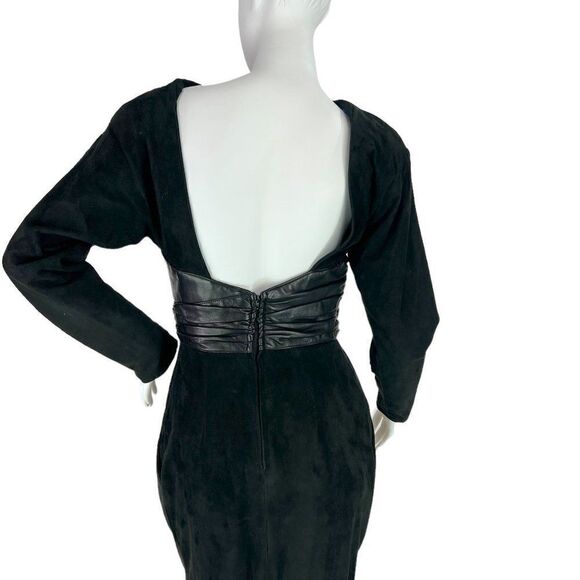 Vakko Vintage 80s Black Suede & Leather Backless Long Sleeve Midi Dress, Size 6 - Picture 5 of 15
